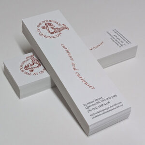 Bookmarks printed and laminated in-house on a 350gsm satin stock. Finished with a double sided matt laminate