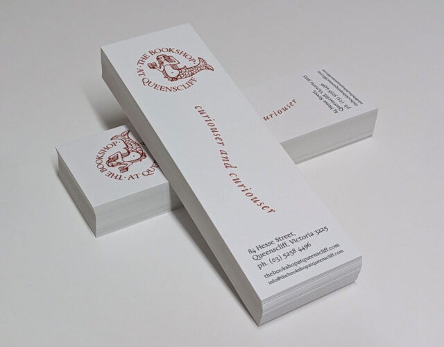 Bookmarks printed and laminated in-house on a 350gsm satin stock. Finished with a double sided matt laminate